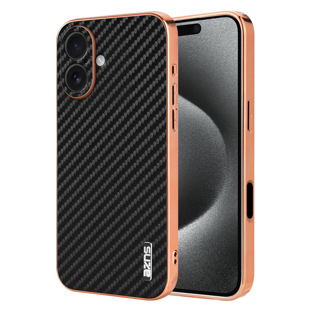 (Black) Azns For Iphone 17 Case Electroplating Carbon Fiber Texture Pu + Tpu Phone Cover Black 6914293785114