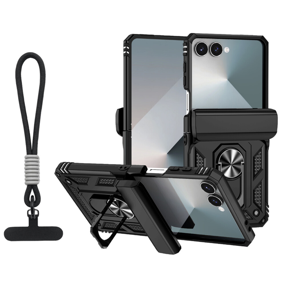 (Black) For Samsung Galaxy Z Flip7 5G Case With Wrist Strap / Kickstand Hinge Protection Pc + Tpu Phone Cover Black 6914294025950