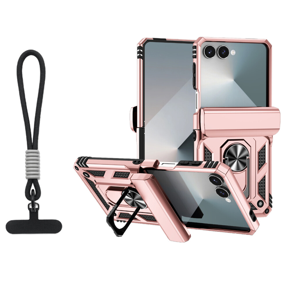 (Rose ) For Samsung Galaxy Z Flip7 5G Case With Wrist Strap / Kickstand Hinge Protection Pc + Tpu Phone Cover Gold 6914290779970