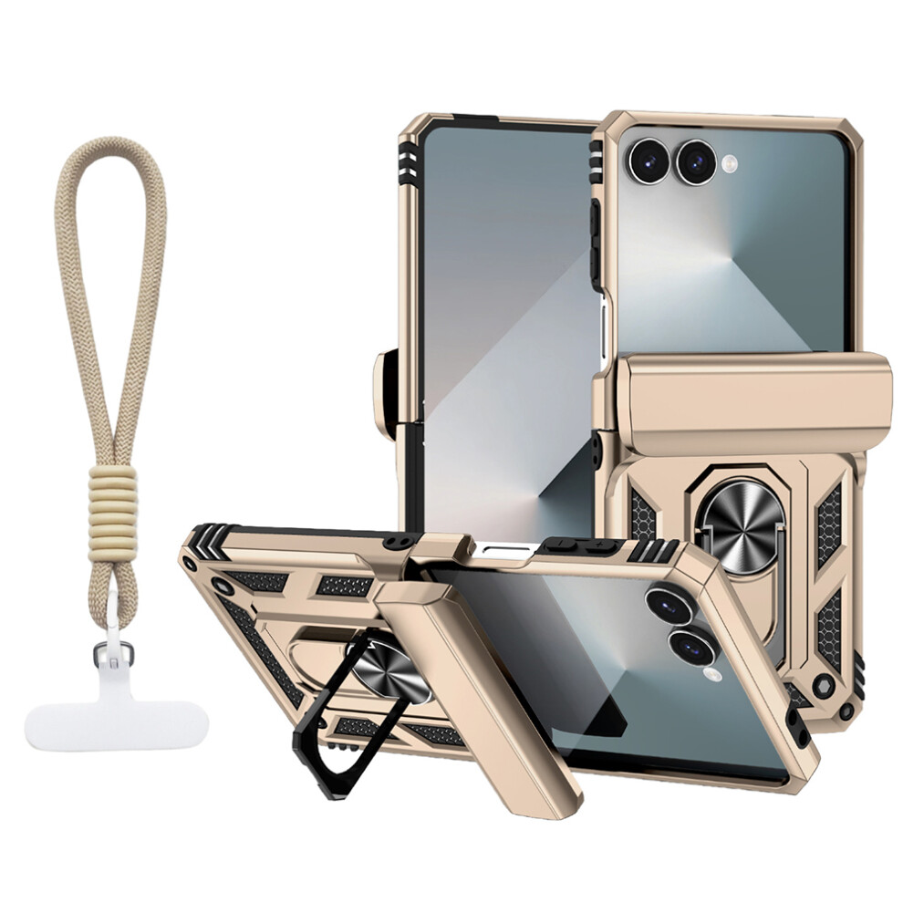 (Gold) For Samsung Galaxy Z Flip7 5G Case With Wrist Strap / Kickstand Hinge Protection Pc + Tpu Phone Cover Gold 6914290607587