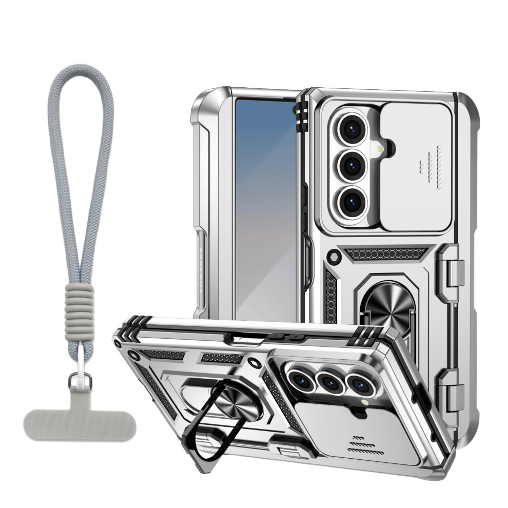 (Silver) For Samsung Galaxy Z Fold7 5G Case With Wrist Strap / Kickstand Hinge Protection Pc + Tpu Phone Cover Silver 6914297852102