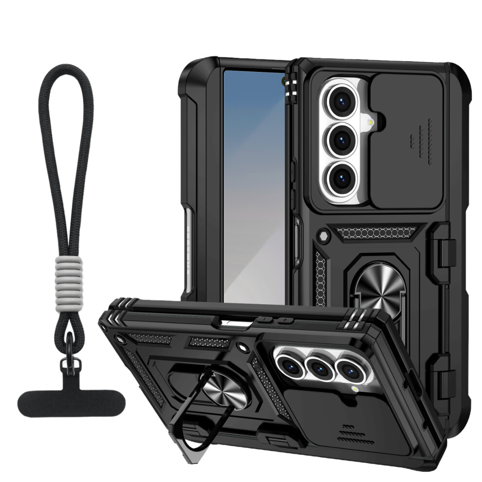 (Black) For Samsung Galaxy Z Fold7 5G Case With Wrist Strap / Kickstand Hinge Protection Pc + Tpu Phone Cover Black 6914290905126
