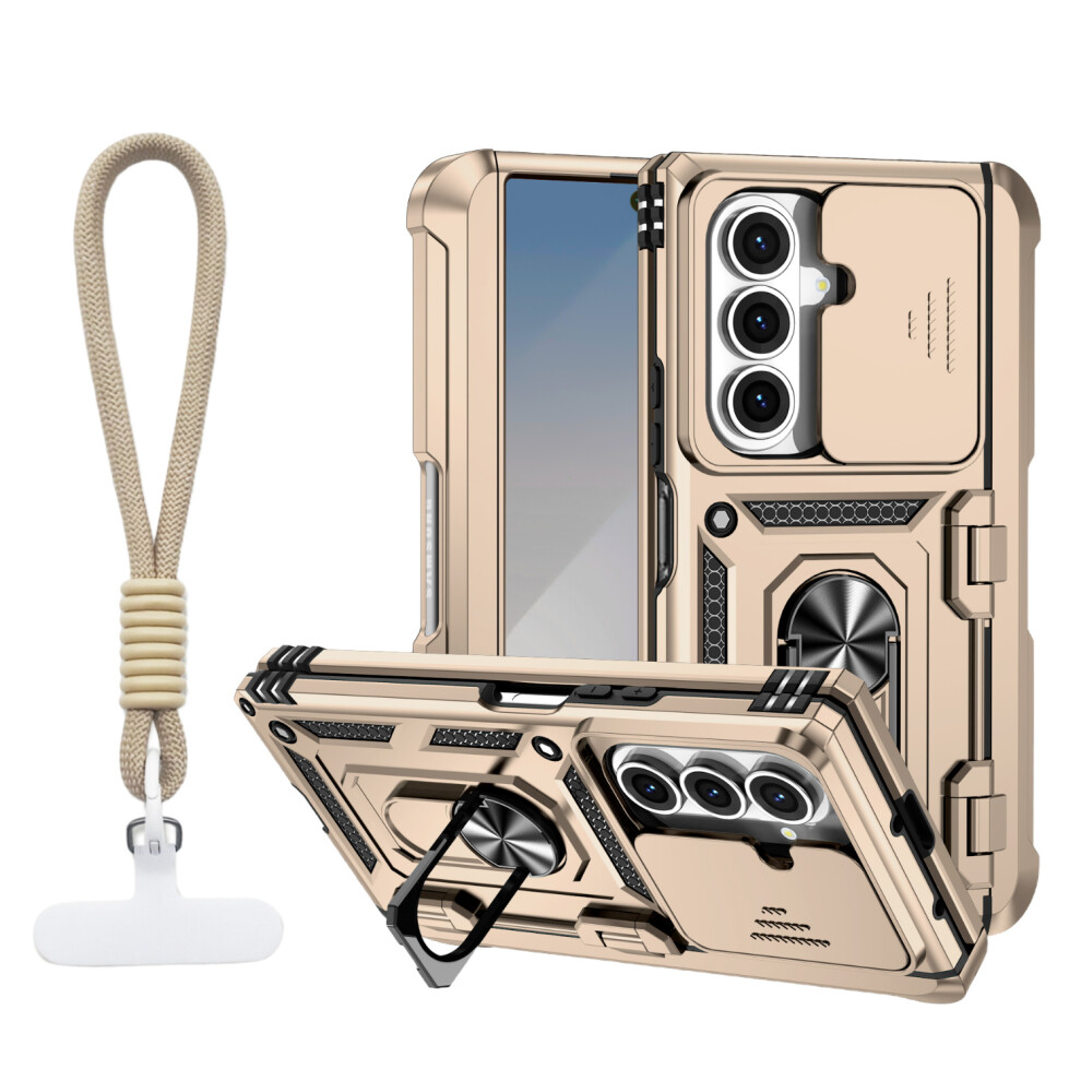(Gold) For Samsung Galaxy Z Fold7 5G Case With Wrist Strap / Kickstand Hinge Protection Pc + Tpu Phone Cover Gold 6914295285995