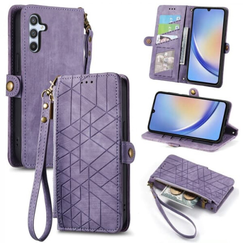 Capa carteira com zíper compatível com Samsung Galaxy A14, roxa.