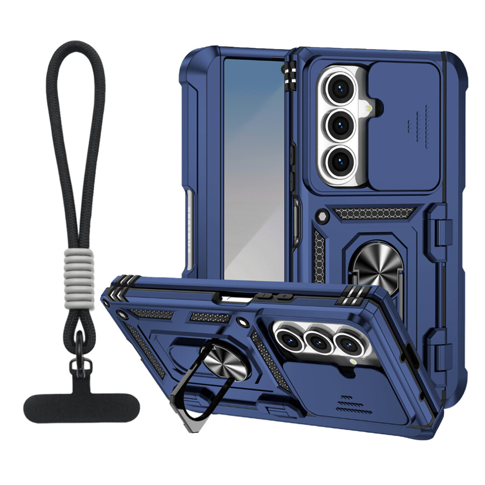 (Blue) For Samsung Galaxy Z Fold7 5G Case With Wrist Strap / Kickstand Hinge Protection Pc + Tpu Phone Cover Blue 6914298380390