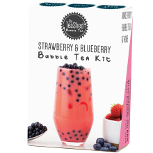 Bubble Tea Kit | Strawberry Powder, Blueberry Popping Boba and Paper Straw | Makes 1 Milky Bubble Tea | Vegan | by THE TEASHED