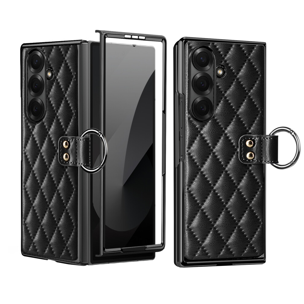 (Black) For Samsung Galaxy Z Fold7 5G Case Rhombus Grid Phone Cover With Tempered Glass Film Black 6914290140848