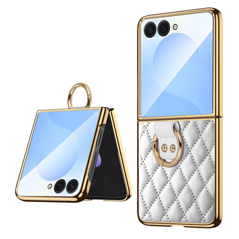 (White) For Samsung Galaxy Z Flip7 5G Case Rhombus Grid Phone Cover With Tempered Glass Film White 6914294149595
