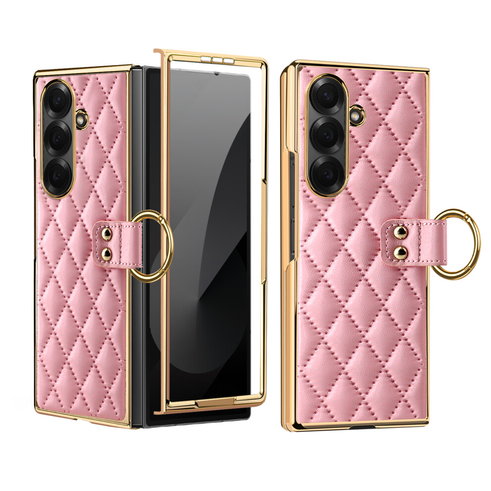 (Pink) For Samsung Galaxy Z Fold7 5G Case Rhombus Grid Phone Cover With Tempered Glass Film Pink 6914297738062
