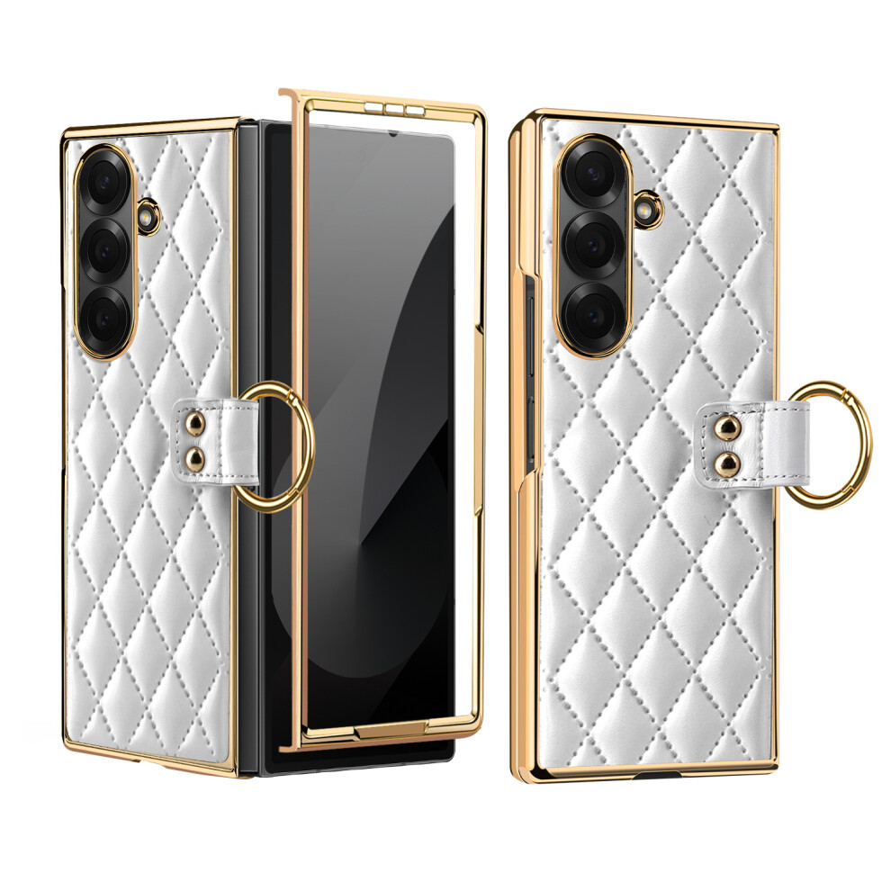 (White) For Samsung Galaxy Z Fold7 5G Case Rhombus Grid Phone Cover With Tempered Glass Film White 6914291284084