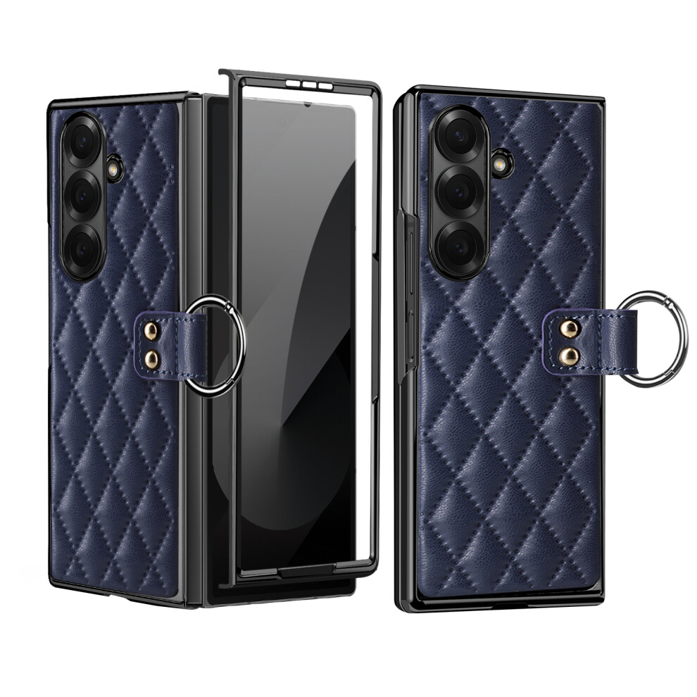 (Blue) For Samsung Galaxy Z Fold7 5G Case Rhombus Grid Phone Cover With Tempered Glass Film Blue 6914297414003