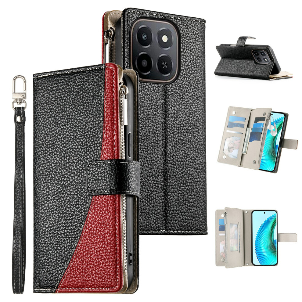 (Black) For Honor X6c 4G / X5b / X5b Plus Case Zipper Wallet Color Splicing Leather Flip Phone Cover With Straps Black 6914296090123