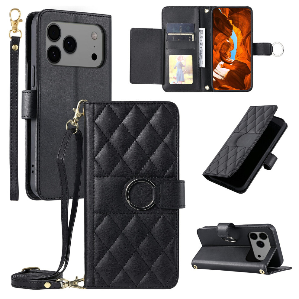 (Black) For Iphone 17 Pro Case Ring Buckle Wallet Stand Rhombus Crossbody Leather Mobile Cover Black 6914299652397