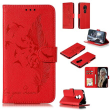 Husă din piele cu model pene și model litchi, husă orizontală cu portofel, suport și sloturi pentru carduri pentru Motorola Moto G7Play Roșu