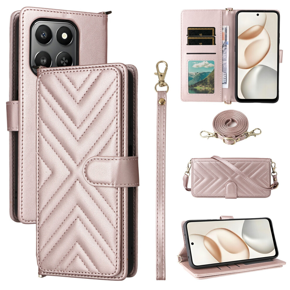 (Pink) For Honor 400 Smart 5G / 4G / X7d 4G Case With Shoulder / Wrist Strap Leather Phone Cover Stand Wallet Pink 6914296000566