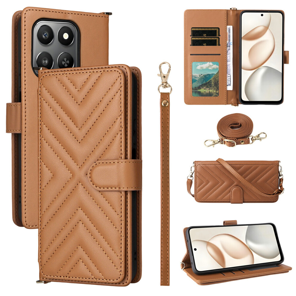 (Brown) For Honor 400 Smart 5G / 4G / X7d 4G Case With Shoulder / Wrist Strap Leather Phone Cover Stand Wallet Brown 6914290271719