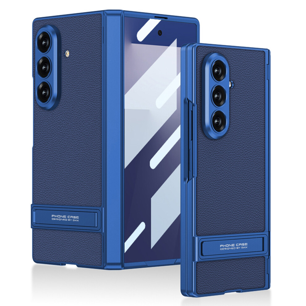 (Blue) Gkk For Samsung Galaxy Z Fold7 5G Kickstand Case Hinge Protection Pu Pc Tempered Glass Phone Cover Blue 6914292190537
