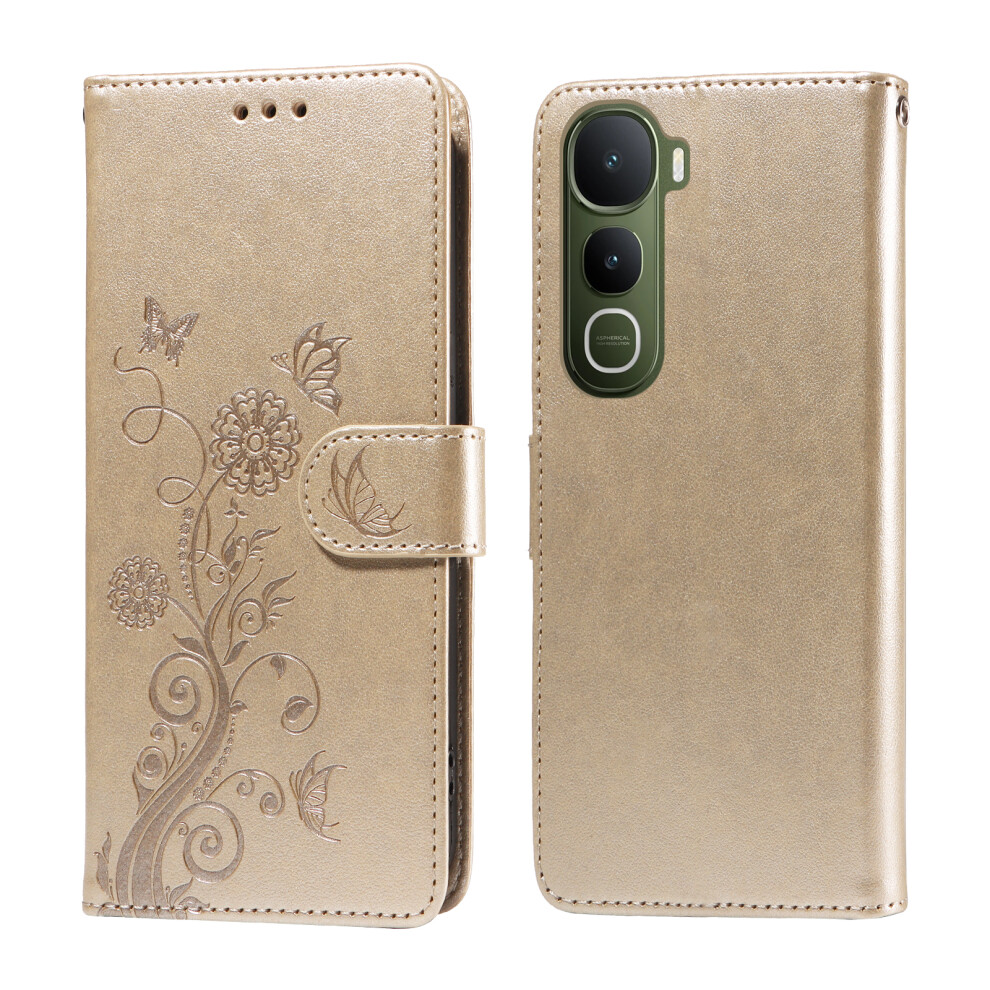 (Golden) For Vivo Y400 5G Leather Case Butterfly Floral Imprint Wallet Stand Cover Golden 6914297989495