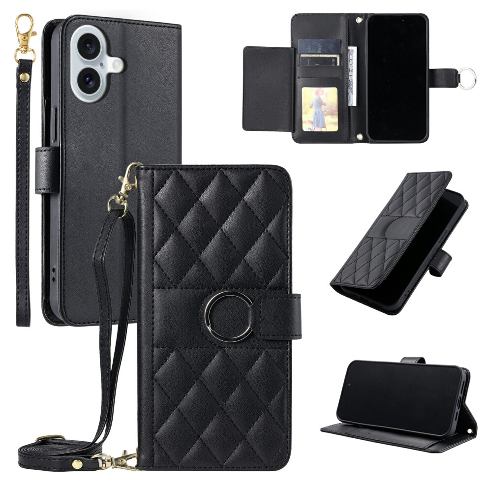 (Black) For Iphone 17 Case Ring Buckle Wallet Stand Rhombus Crossbody Leather Mobile Cover Black 6914297598253