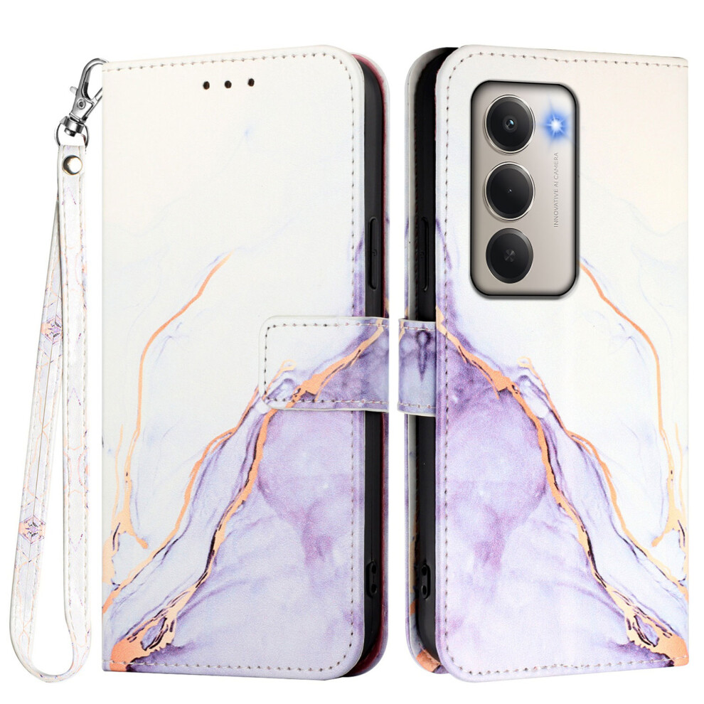 (White / Purple Ls006) For Xiaomi Redmi 15 5G (Global) (169Mm) Case With Strap Marble Pattern Leather Phone Cover Card Holder White,Purple 6914295727259