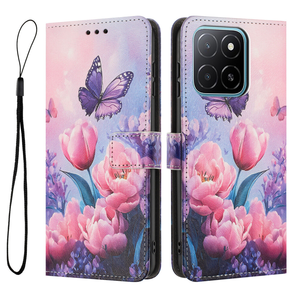 ( Flower Butterfly) For Honor X6c 4G Wallet Case Pattern Printing Pu Leather Phone Cover With Lanyard Pink 6914291215767