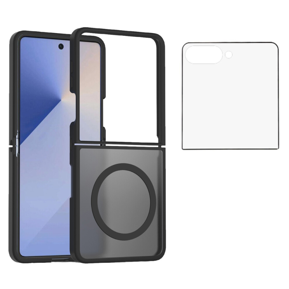 (Black) For Samsung Galaxy Z Flip7 5G Case Pc + Tpu Kickstand Phone Cover With Tempered Glass Screen Film Black 6914297371351