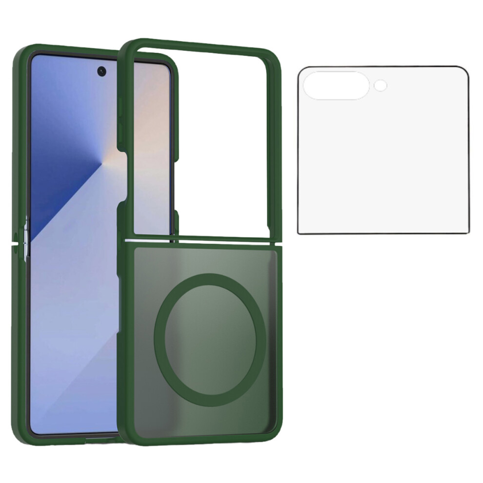 (Blackish ) For Samsung Galaxy Z Flip7 5G Case Pc + Tpu Kickstand Phone Cover With Tempered Glass Screen Film Green 6914298640890
