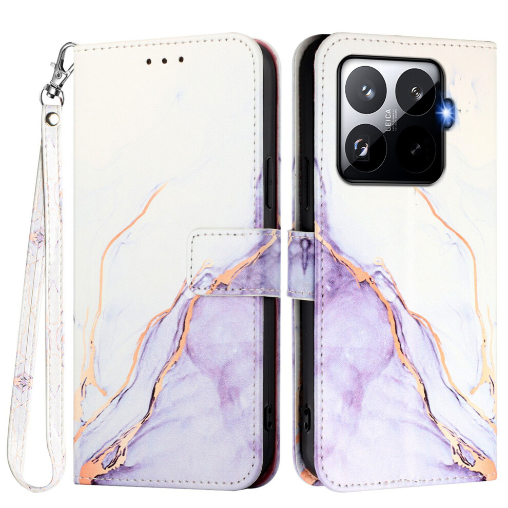 (White / Purple Ls006) For Xiaomi 15T Pro Case With Strap Marble Pattern Leather Phone Cover Card Holder White,Purple 6914294721241