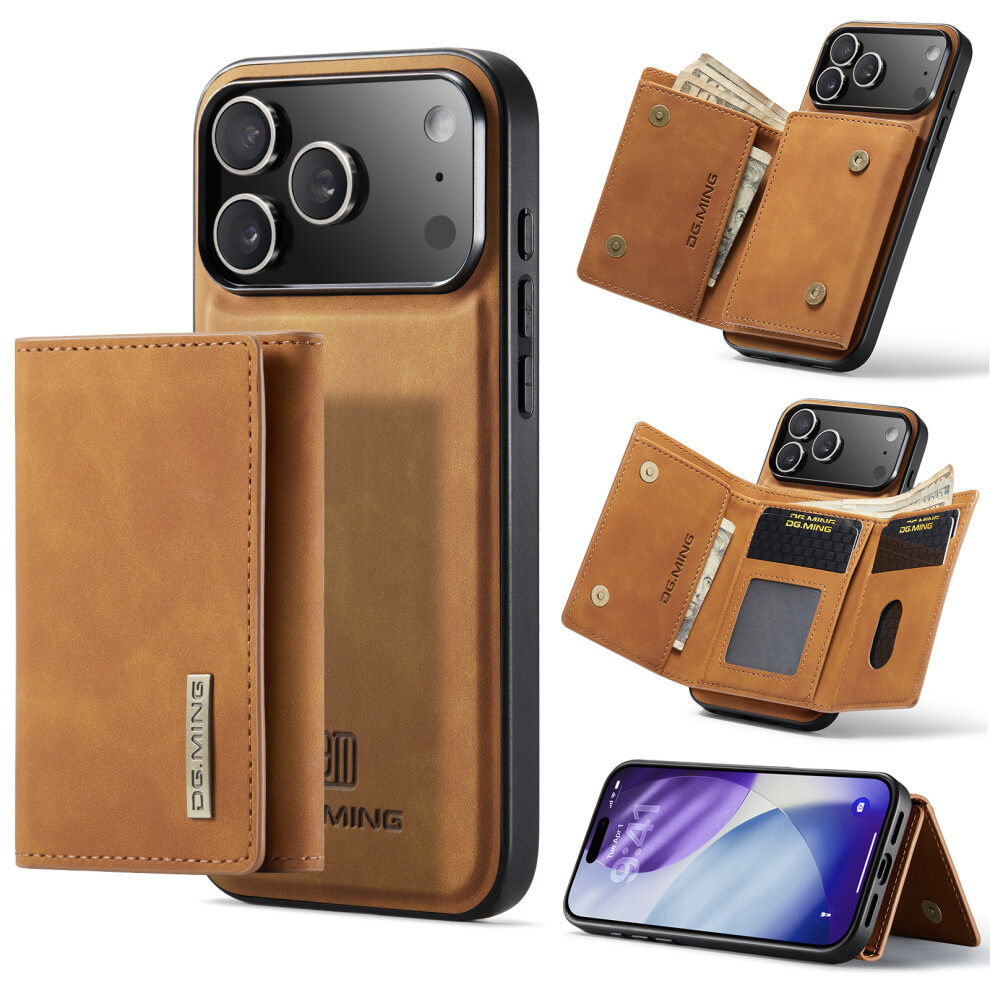 (Brown) Dg.ming M1 Series For Iphone 17 Pro Case Kickstand Pu Phone Cover With Detachable Wallet Brown 6914299472964