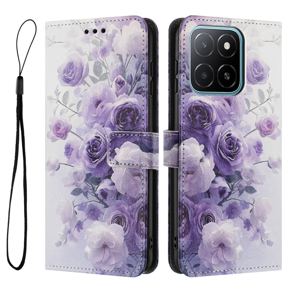 ( Rose) For Honor X6c 4G Wallet Case Pattern Printing Pu Leather Phone Cover With Lanyard Purple 6914294850293