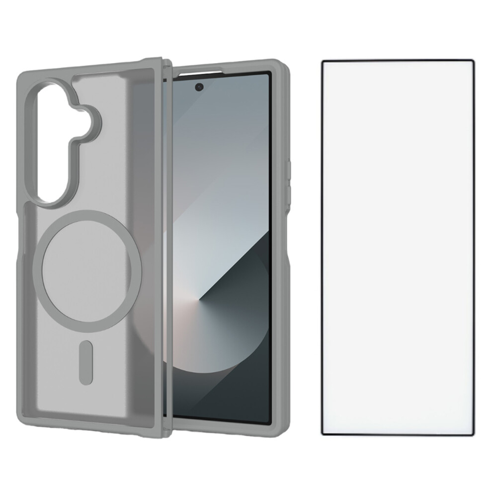(Grey) For Samsung Galaxy Z Fold7 5G Case Pc + Tpu Kickstand Phone Cover With Tempered Glass Screen Film Grey 6914294089105
