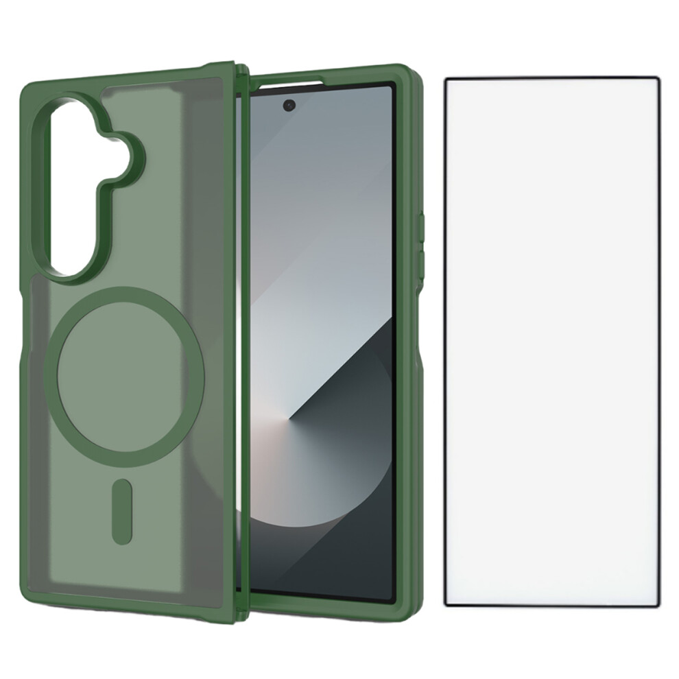 (Blackish ) For Samsung Galaxy Z Fold7 5G Case Pc + Tpu Kickstand Phone Cover With Tempered Glass Screen Film Green 6914298453308