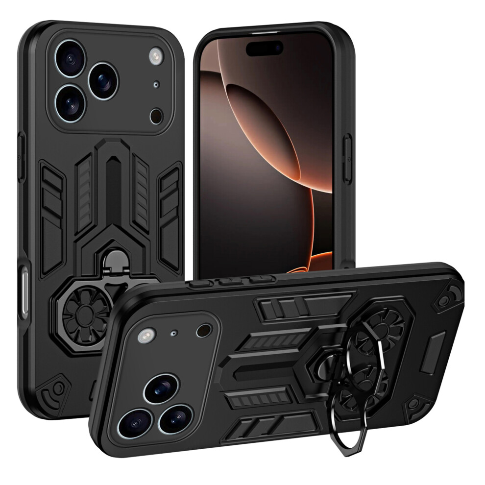 (Black) For Iphone 17 Pro Max Case Ring Holder Kickstand Pc + Tpu Shockproof Phone Cover Black 6914293924957