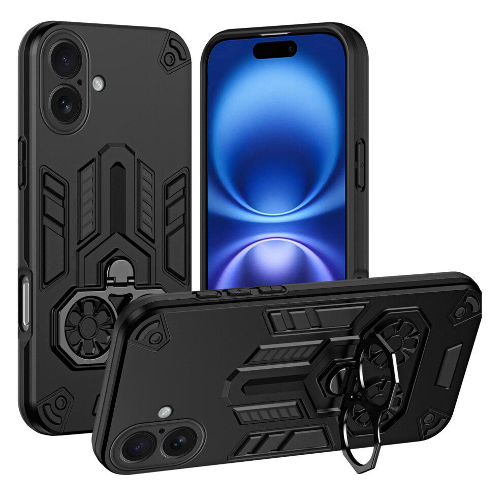 (Black) For Iphone 16 Plus Case Ring Holder Kickstand Pc + Tpu Shockproof Phone Cover Black 6914290746217