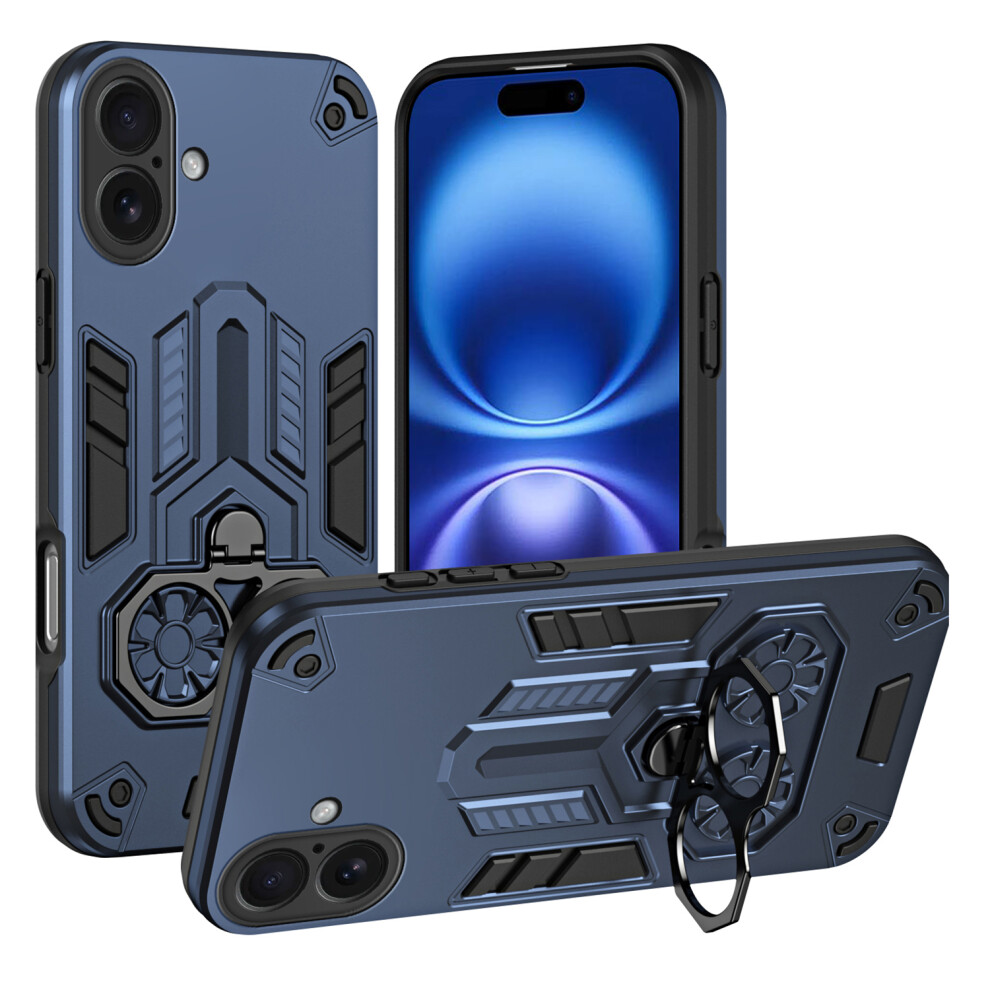 (Navy ) For Iphone 16 Case Ring Holder Kickstand Pc + Tpu Shockproof Phone Cover Blue 6914294511101