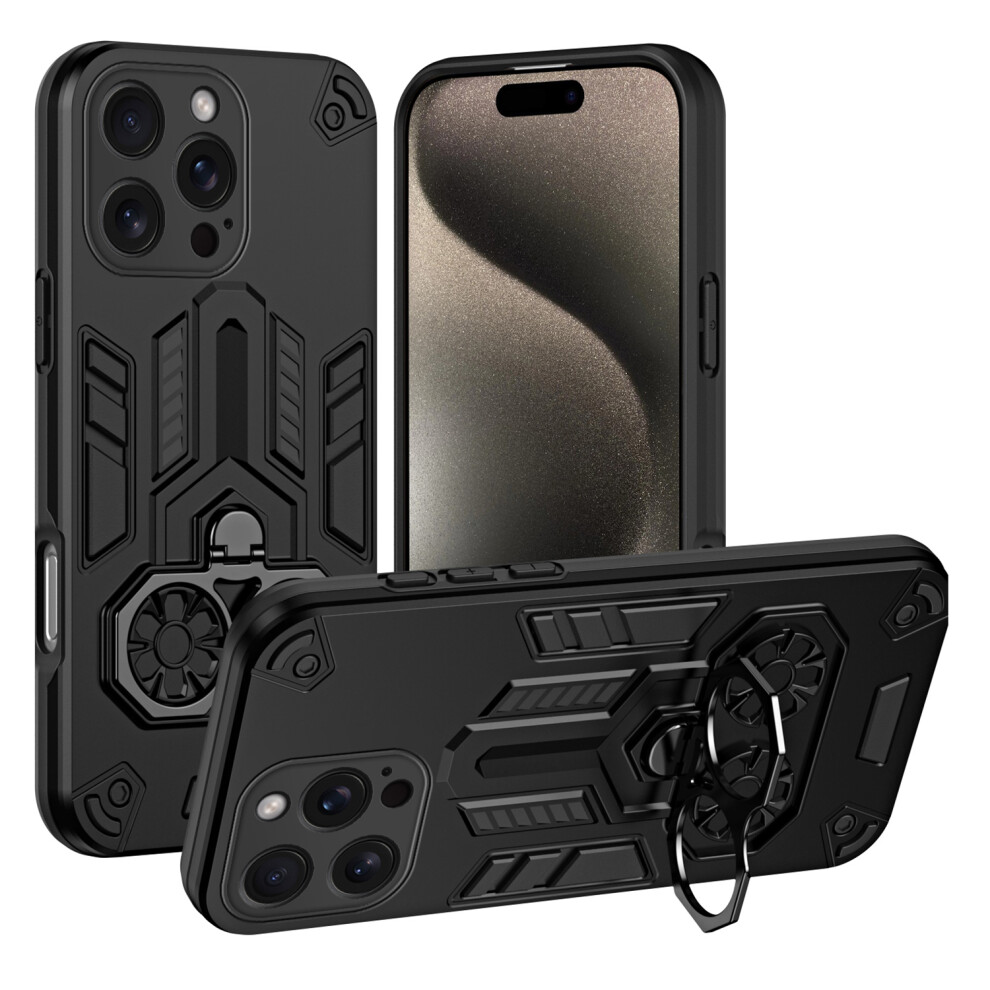 (Black) For Iphone 15 Pro Max Case Ring Holder Kickstand Pc + Tpu Shockproof Phone Cover Black 6914299191124