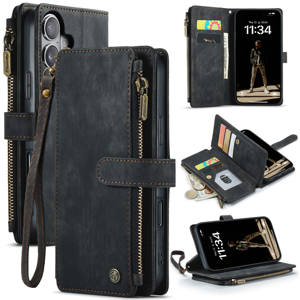 (Black) Caseme For Iphone 17 Wallet Case C30 Leather Phone Cover With 10 Card Holder Zipper Pocket Black 6914290104420