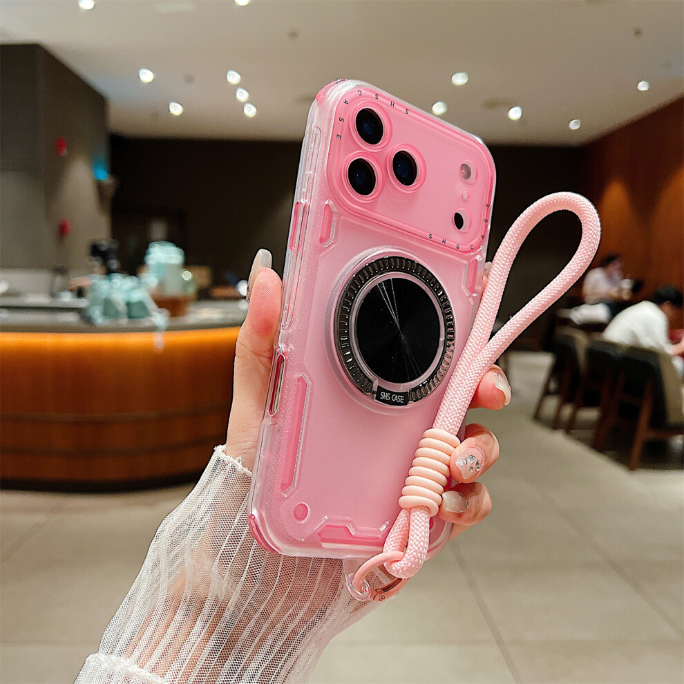 (Pink) For Iphone 17 Pro Case Ring Kickstand Pc + Tpu Translucent Phone Back Cover With Hand Strap Pink 6914297091600