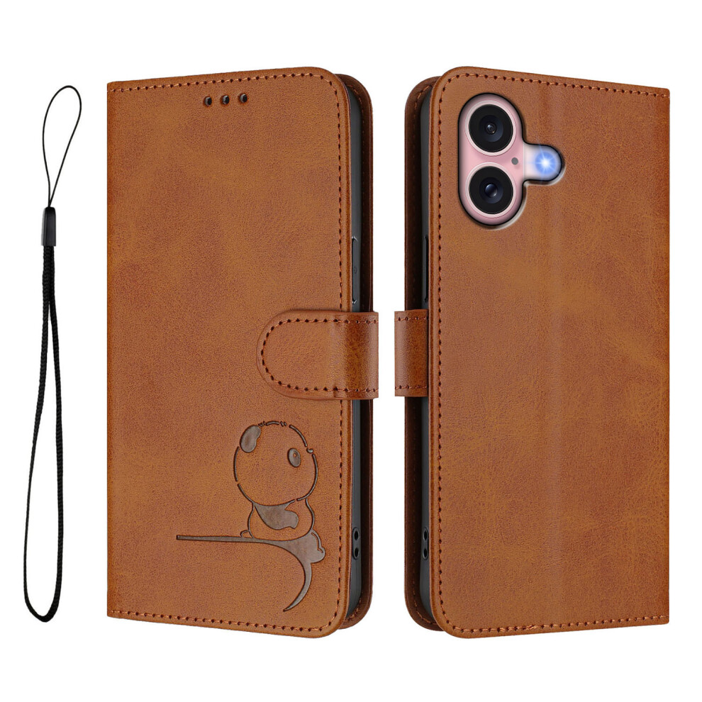 (Brown) For Iphone 16 Case Panda Imprint Rfid Blocking Wallet Leather Phone Cover With Wrist Strap Brown 6914292835629