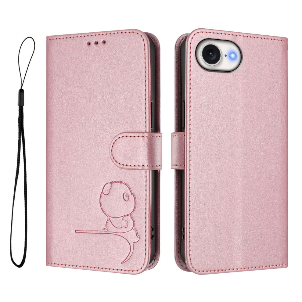 (Pink) For Iphone 17E / 16E Case Panda Imprint Rfid Blocking Wallet Leather Phone Cover With Wrist Strap Pink 6914299038535