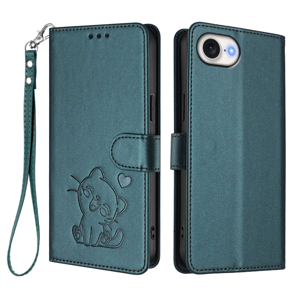 (Green) For Iphone 17E / 16E Wallet Case With Wrist Strap Love Cat Pattern Imprint Leather Phone Cover Green 6914290536030