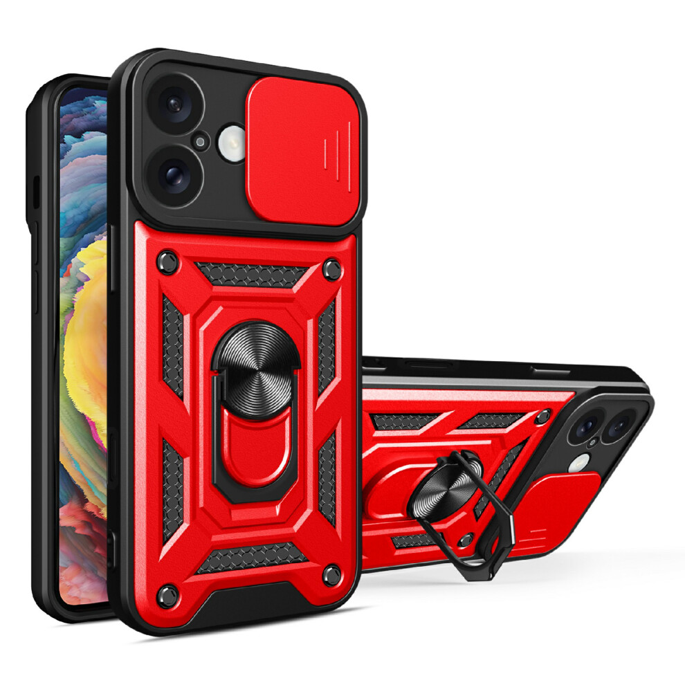 (Red) Amorus Kickstand Case For Iphone 16 Pc + Tpu Phone Cover With Camera Lens Slider Red 6914296114065