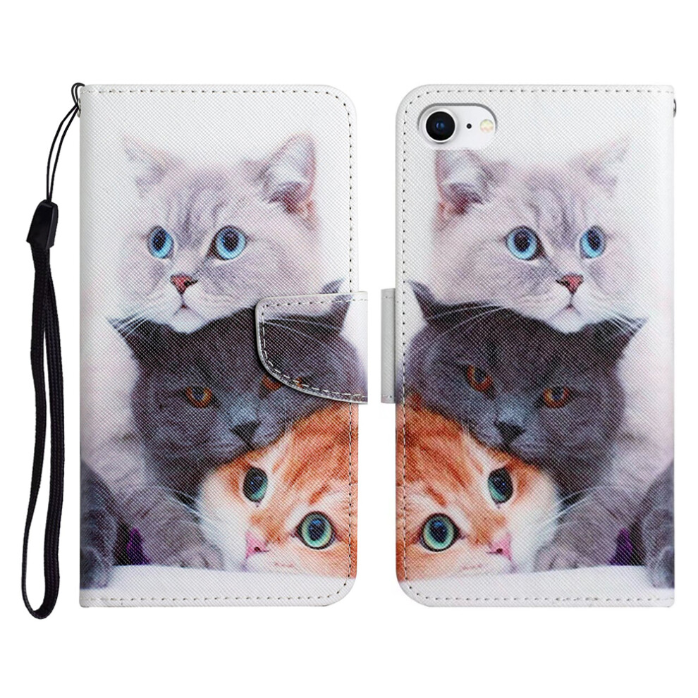 (Three Cats) For Iphone Se (2022) / (2020) / 8 / 7 Case Pattern Printing Protective Leather Folio Phone Cover With Wrist Strap 6914297569840