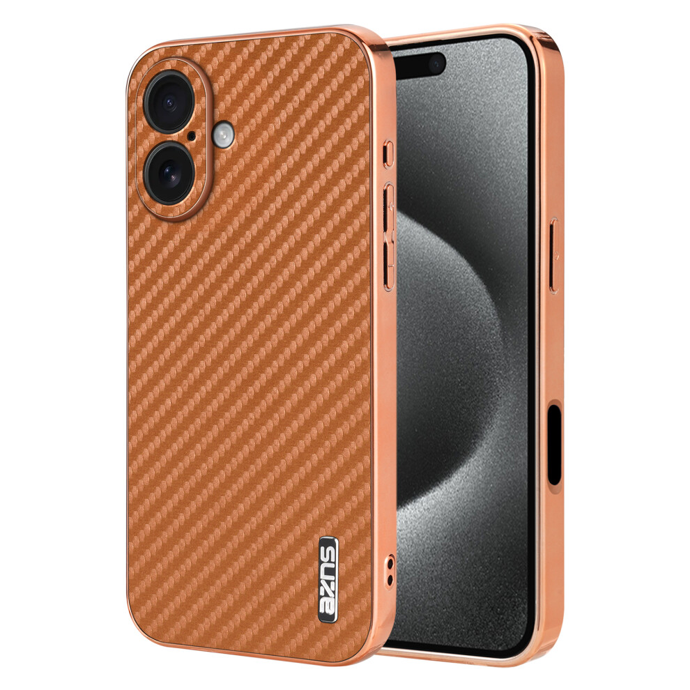 (Brown) Azns For Iphone 17 Case Electroplating Carbon Fiber Texture Pu + Tpu Phone Cover Brown 6914290603145