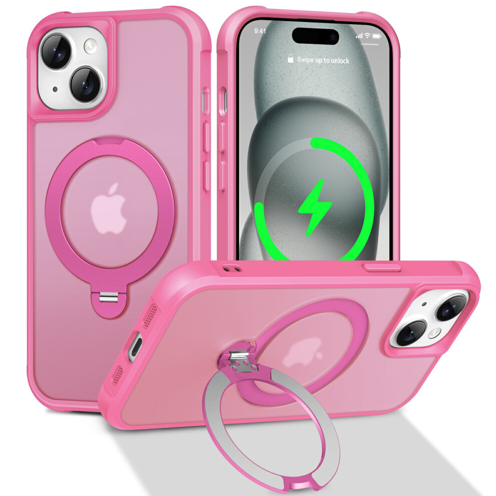 (Rose) For Iphone 15 Case Compatible With Magsafe Rotatable Kickstand Tpu + Pc Shockproof Phone Cover 6914292988820