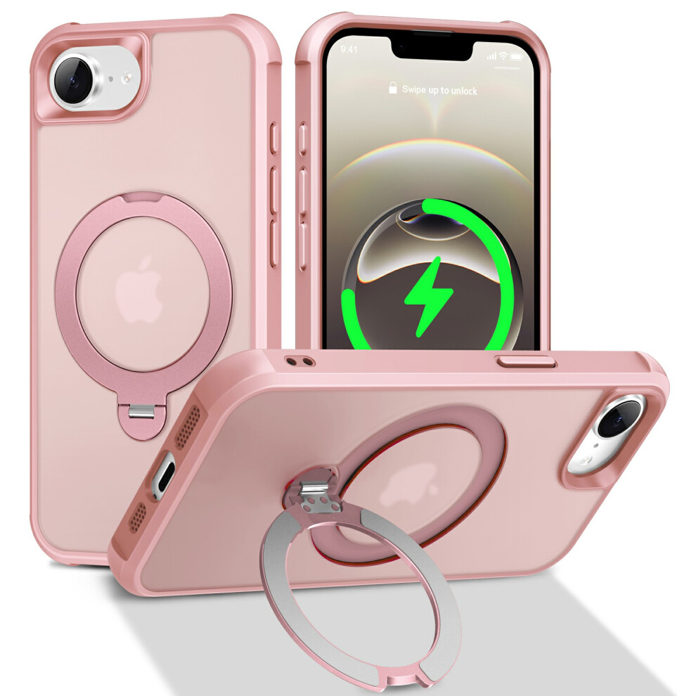 (Pink) For Iphone 17E / 16E Case Compatible With Magsafe Rotatable Kickstand Tpu + Pc Shockproof Phone Cover Pink 6914290395842