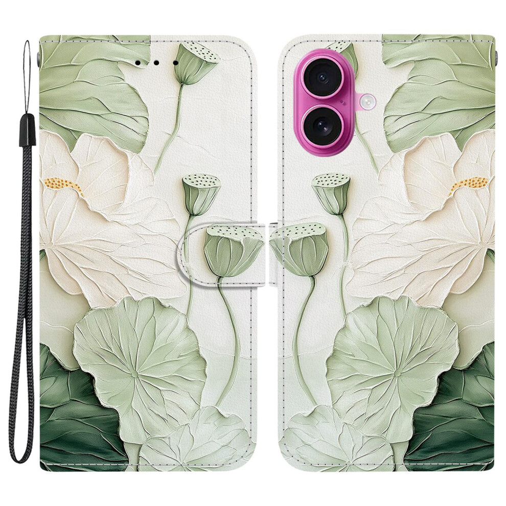 (Lotus) For Iphone 17 Wallet Case Pattern Printing Leather Stand Phone Cover With Strap 6914297425870
