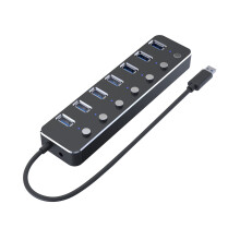 Kiplyki Concentrador USB 3.0 de 7 puertos de aleación de aluminio de alta velocidad, botón independiente, concentrador de 7 puertos con divisor de