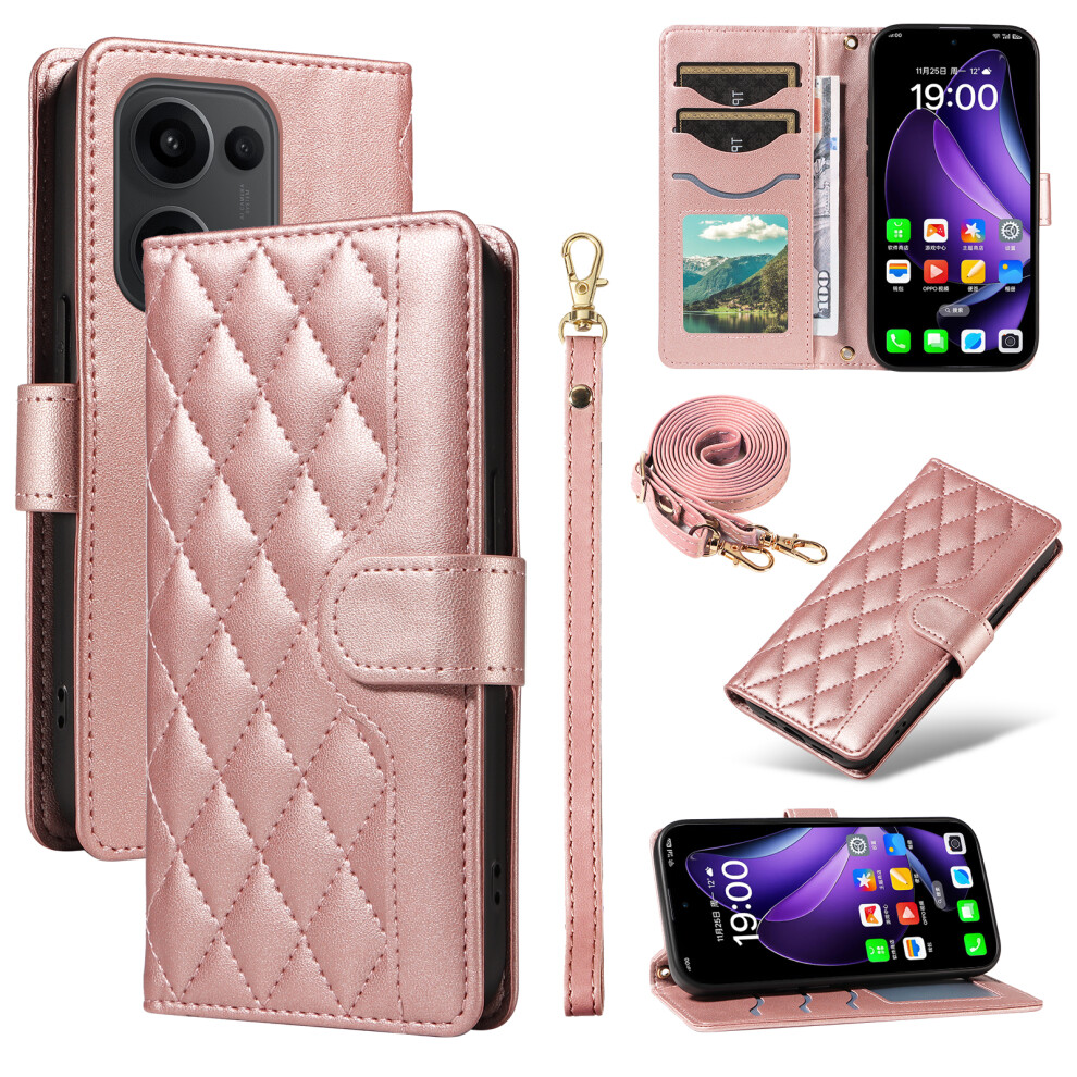 (Rose ) For Oppo Reno13 5G (Global) Wallet Case Rhombus Leather Phone Cover With Strap Gold 6914294042506