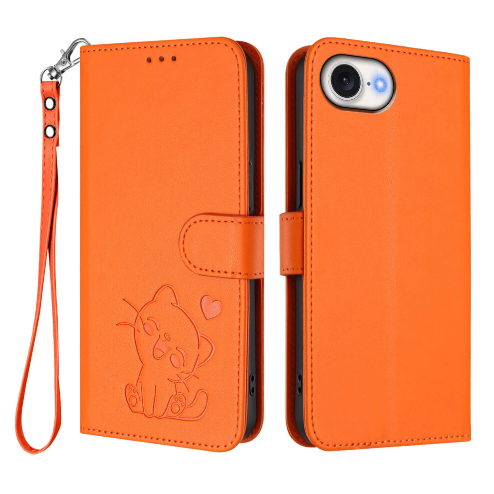(Orange) For Iphone 17E / 16E Wallet Case With Wrist Strap Love Cat Pattern Imprint Leather Phone Cover Orange 6914295389761